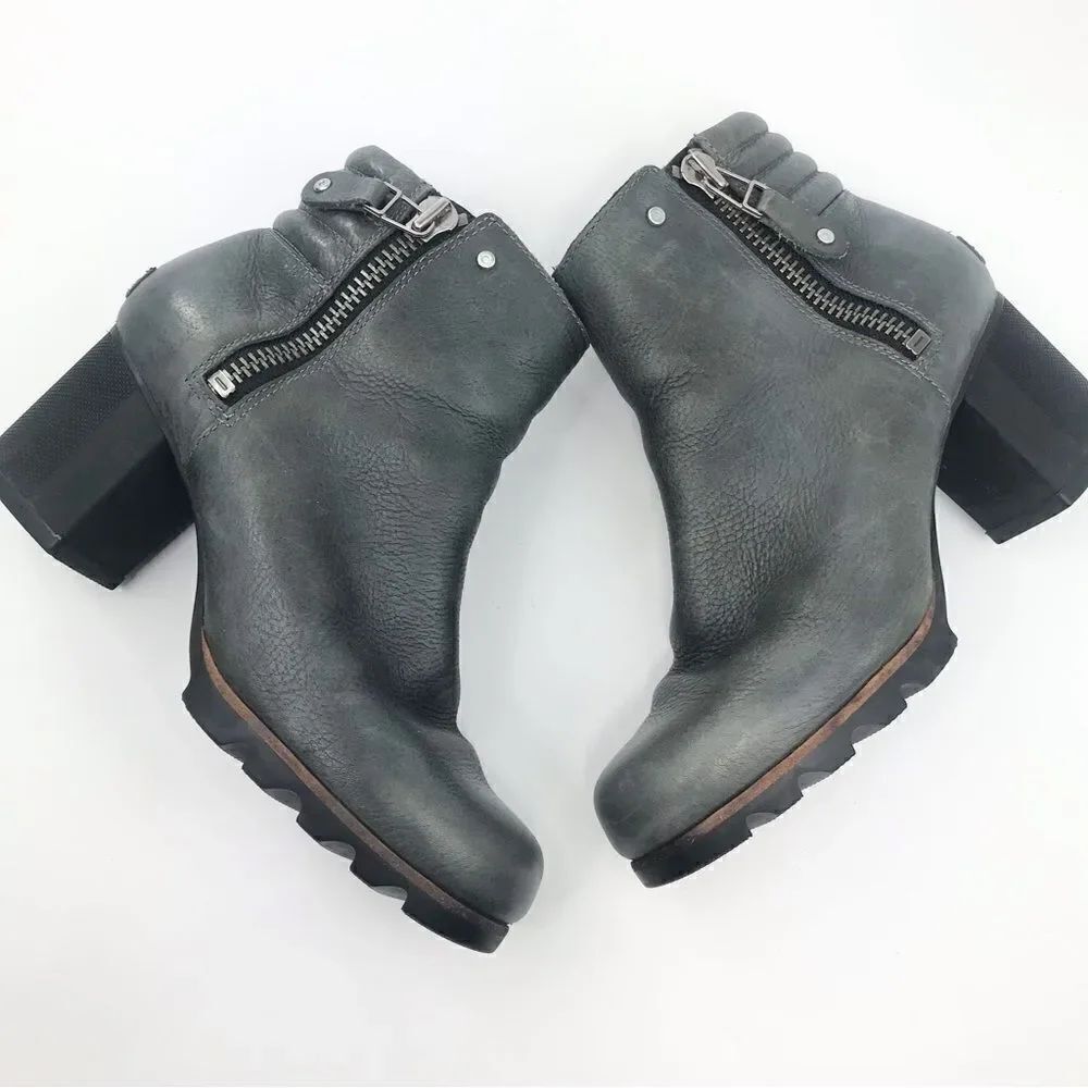 Sorel DANICA Gray Leather Zip Side Block Heel Chunky Moto Style Ankle Boots
